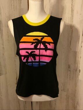 Women’s Black Sunset Palm Graphic Tank with Yellow Trim